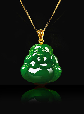 安伯曼和田小碧玉大肚佛菠菜绿色18K金配银链子14*14*4mm左右