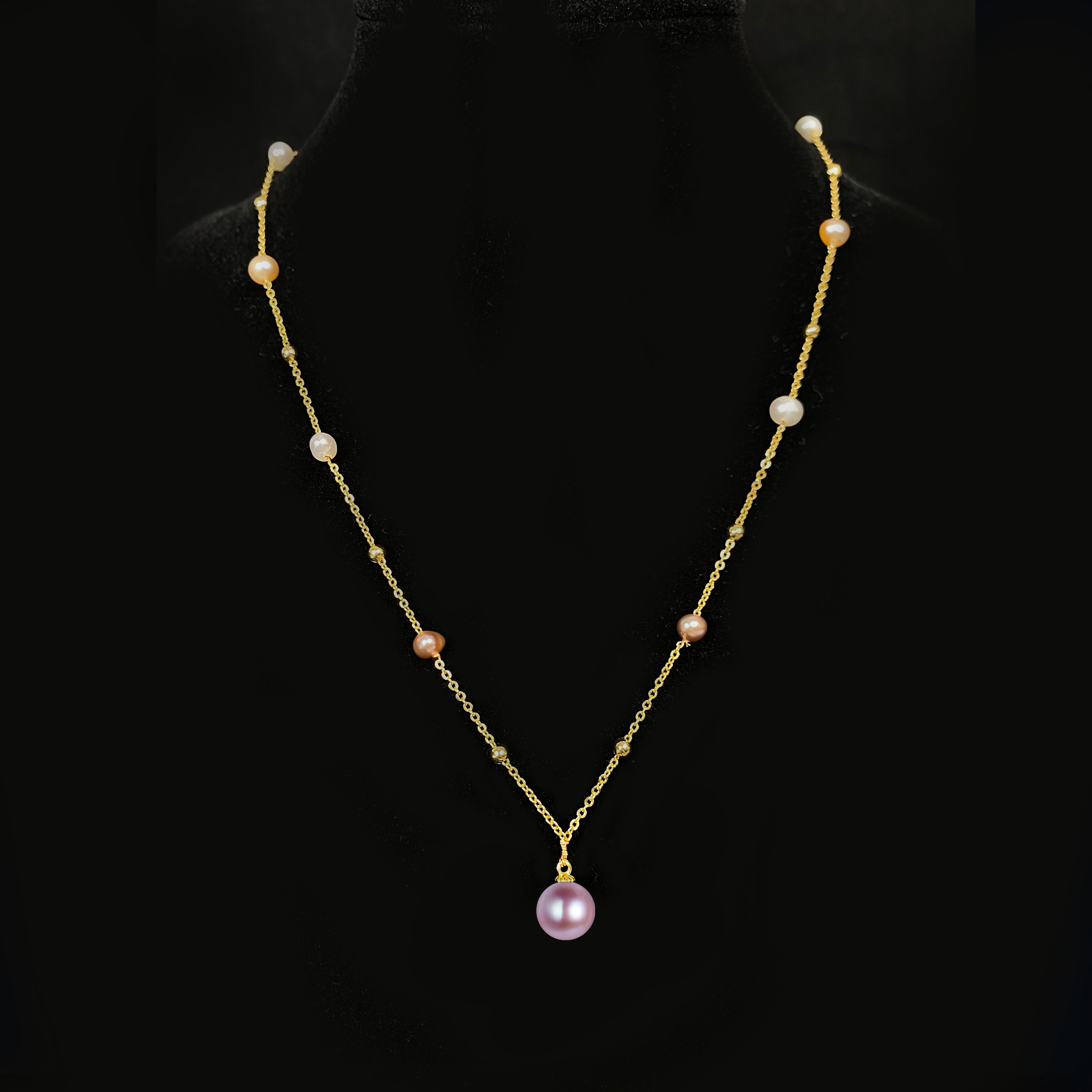 香港安伯曼爱迪生淡水珍珠满天星爱迪生紫珠14k注金项链9mm左右