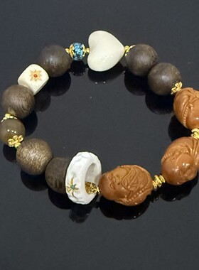 绿松糖料橄榄核佛牙牙胖爱心日月方糖跑环沉香圆珠手串925银12mm