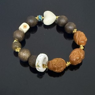 绿松糖料橄榄核佛牙牙胖爱心日月方糖跑环沉香圆珠手串925银12mm