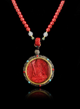 朱砂圆牌绿松镶嵌项链