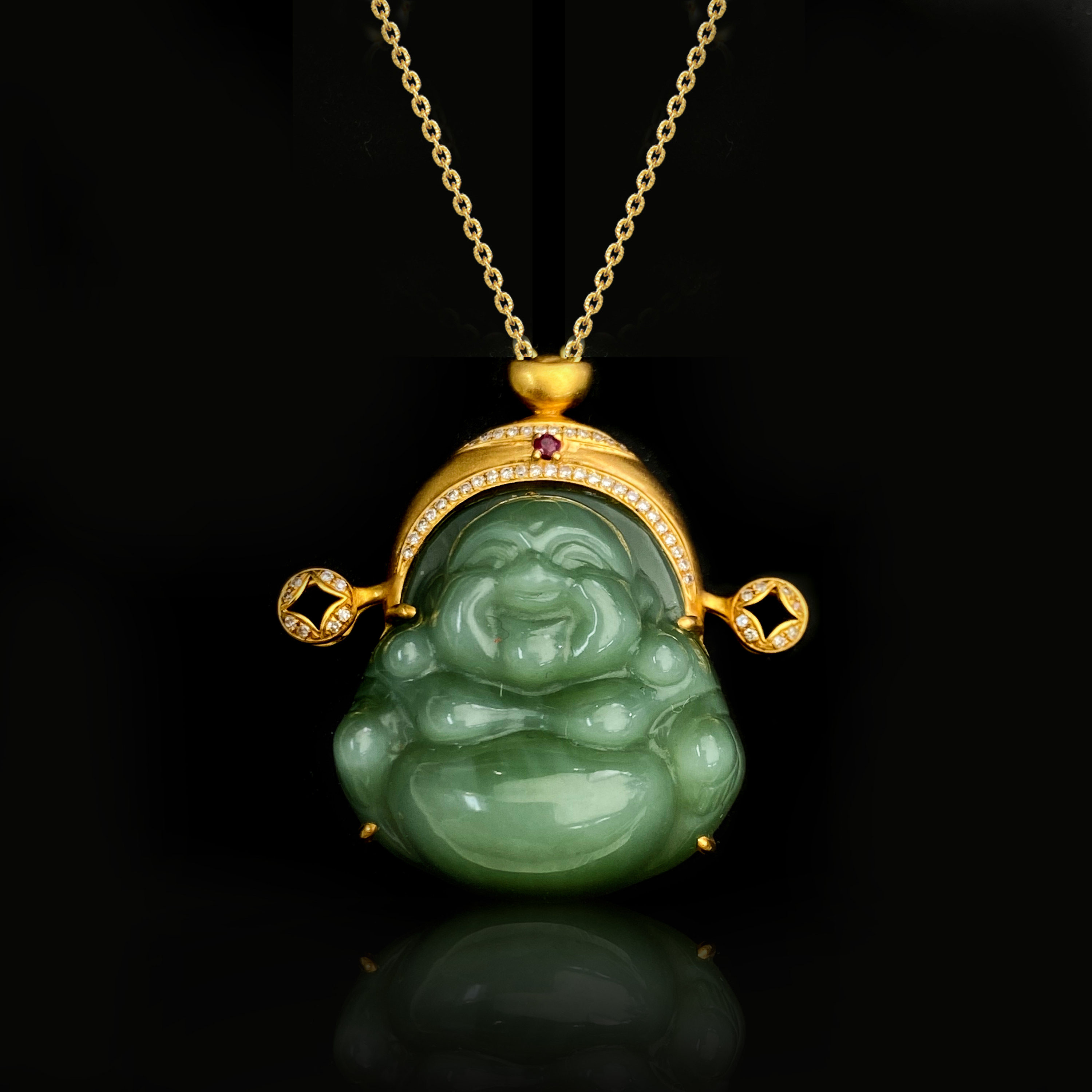 财佛18k金古法金工艺金元宝头南非钻猫眼碧玉红宝石吊坠配银链子