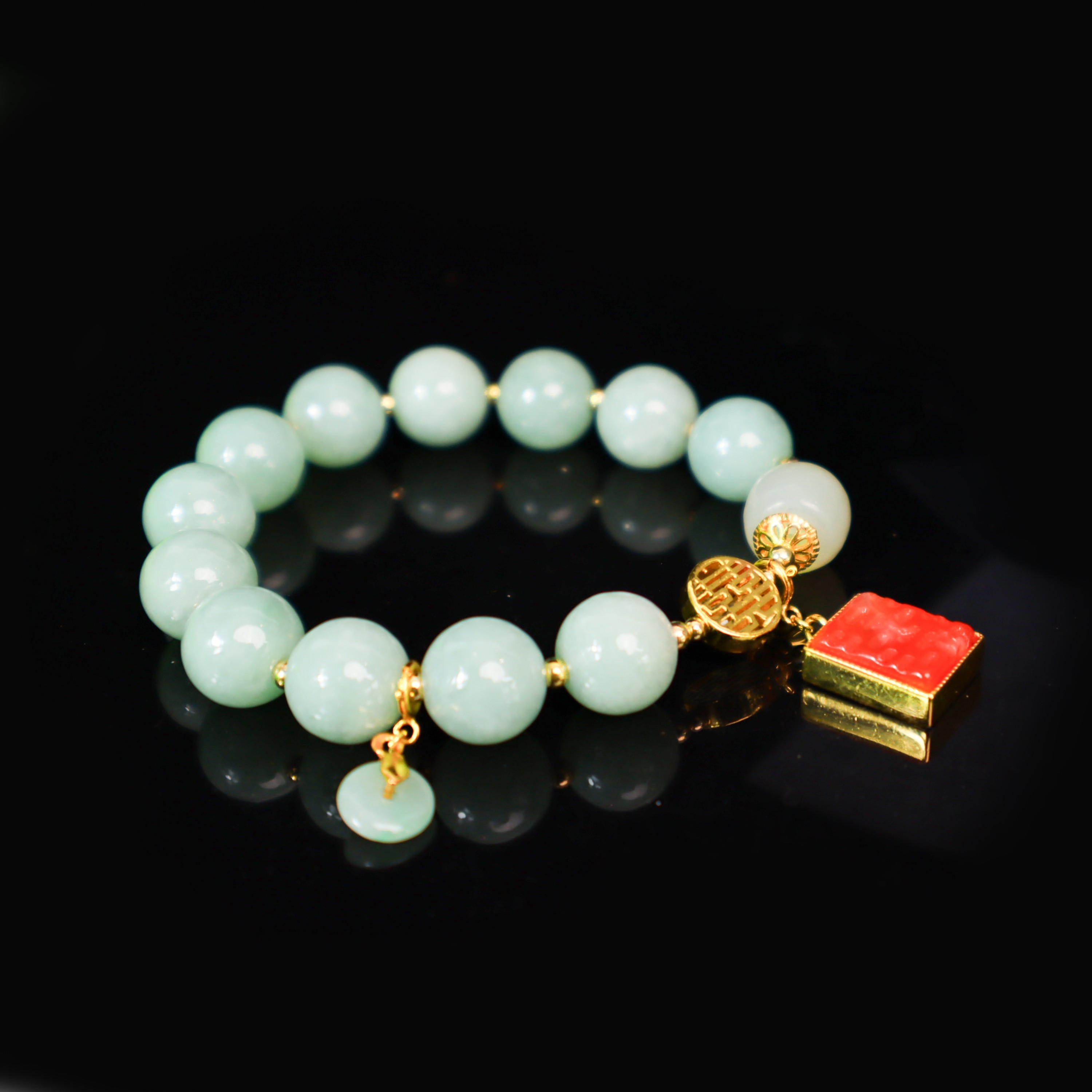 安伯曼翡翠圆珠平安扣双喜镂空南红平安无事牌吊坠手串12mm