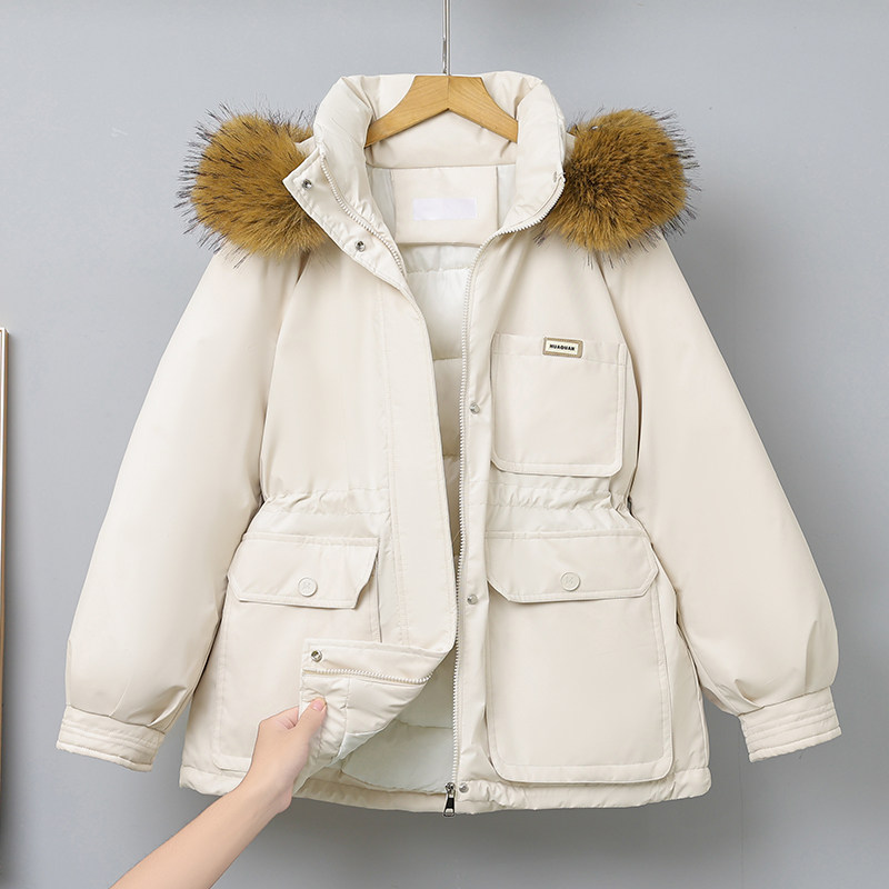 大毛领可拆卸帽工装派克服大码加厚冲锋衣收腰羽绒棉衣女棉服外套