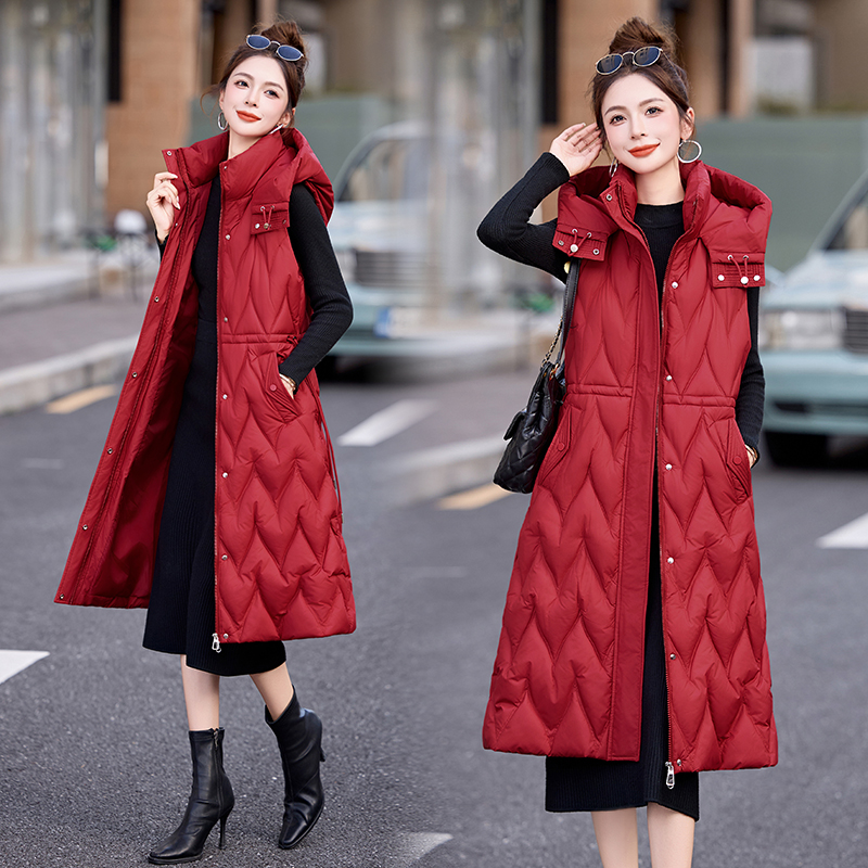 秋冬菱形格无袖马夹加厚收腰坎肩背心大码中长款过膝羽绒棉马甲女