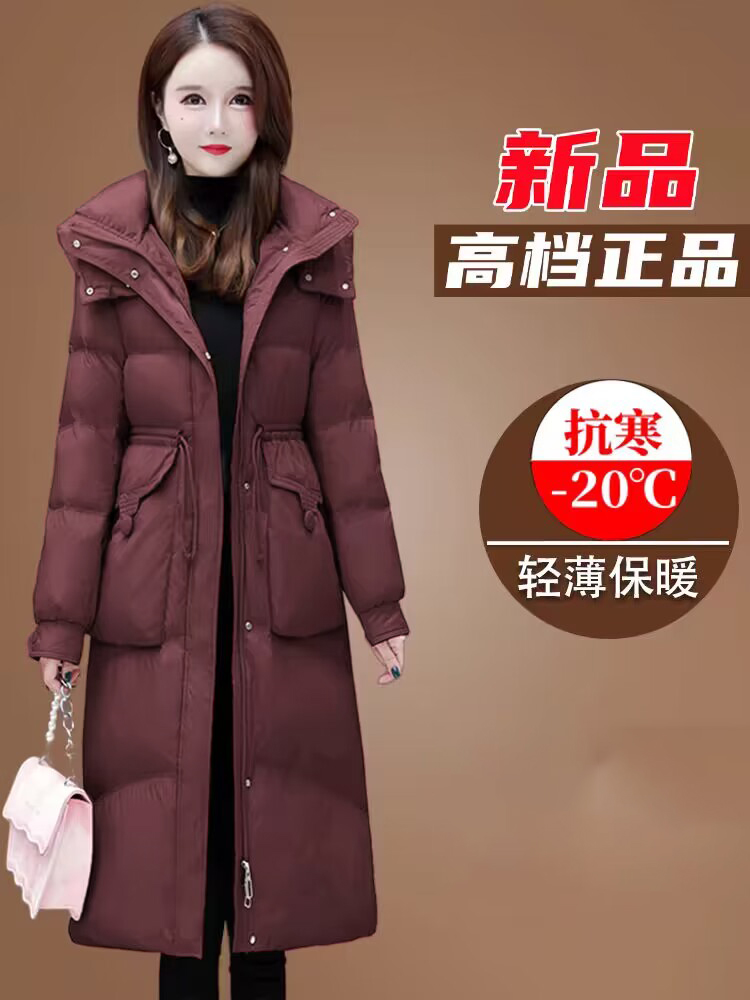 羽绒棉服女中长款2025年新款冬季加厚保暖过膝连帽收腰显瘦外套潮