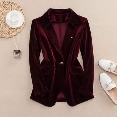 春秋新款高端长袖金丝绒小西装女外套上衣大码修身收腰西服两件套