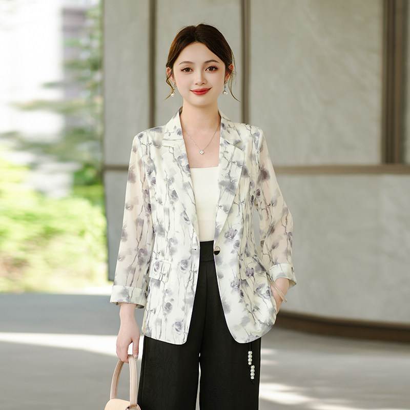 2026新款夏装一粒扣七分袖印花小西装女外套修身减龄网纱西服上衣