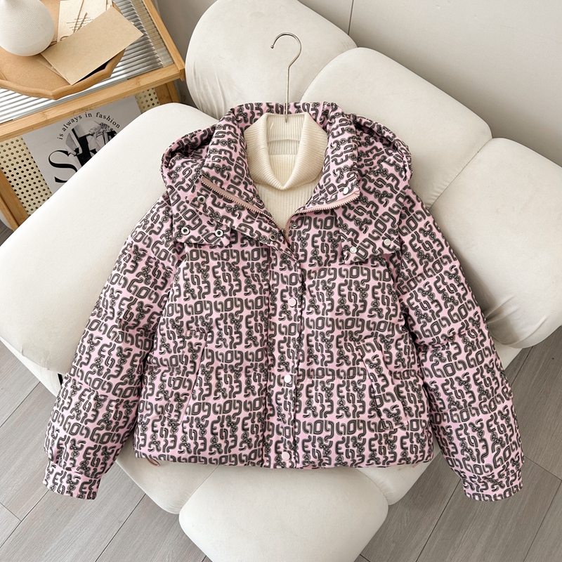 冬新款可拆卸帽羽绒棉衣女短外套大码加厚面包服印花棉袄棉服外套