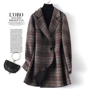 单面毛呢大衣女中长款西装领千鸟格高端气质春秋新款羊毛呢子外套