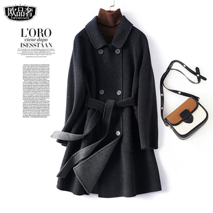 羊绒大衣女中长款翻领系带双排扣双面妮子秋冬新款毛呢外套小个子
