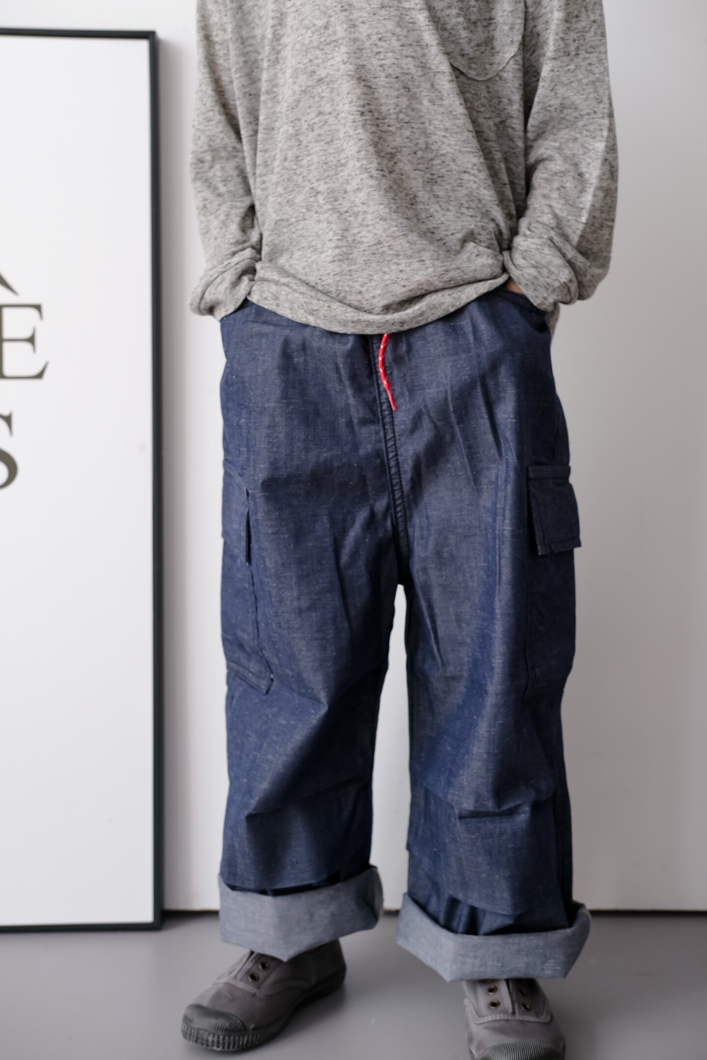 mama studio 儿童复古水洗棉麻宽松直筒牛仔裤 两侧大口袋阔腿裤