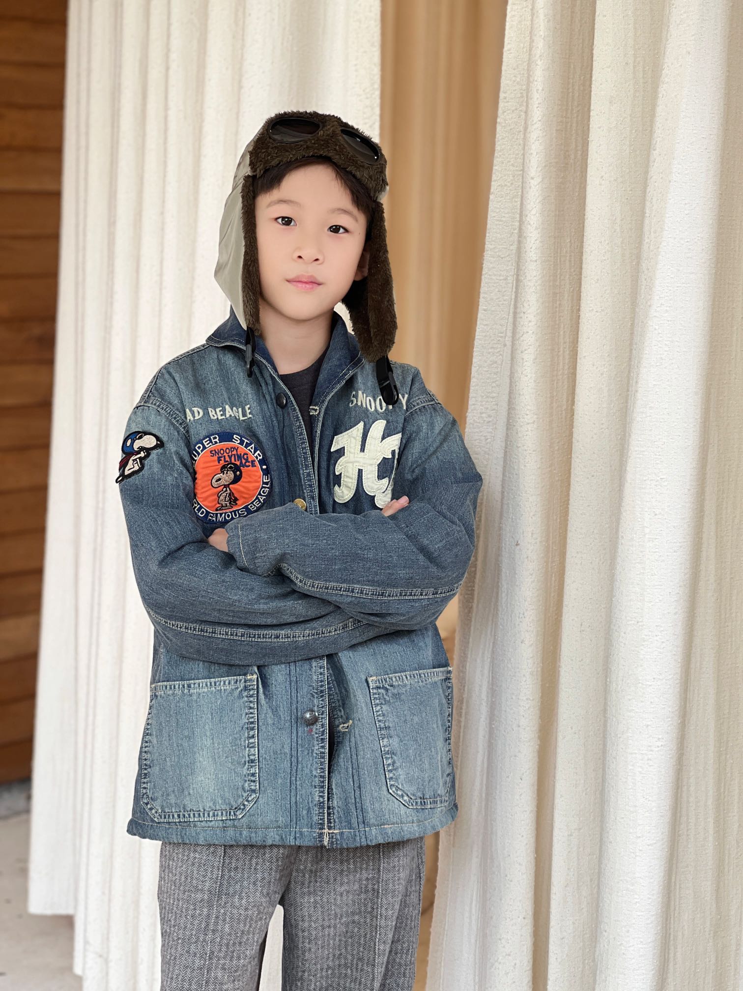 mama studio 日系复古儿童史奴狗徽章贴布绣棉服口袋牛仔夹棉外套