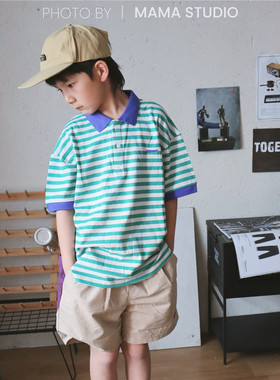 mama studio 夏季小鲸鱼刺绣撞色条纹珠地POLO衫 cityboy翻领短袖