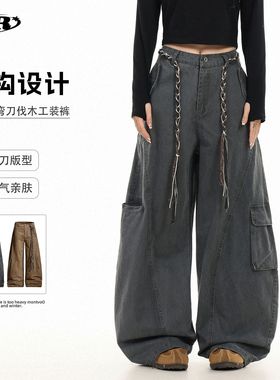 OREETA丨美式cleanfit弯刀工装裤男女潮牌高街配腰绳街头休闲裤