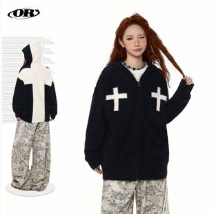 OREETA丨美式复古软糯马海毛毛衣外套慵懒风宽松拉链连帽针织开衫