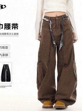 OREETA丨美式复古大口袋弯刀工装裤男女阔腿镰刀裤宽松baggy裤子