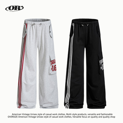 OREETA丨美式学院风三条杠运动休闲裤潮牌中性风宽松阔腿直筒卫裤