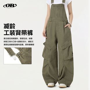 男女宽松阔腿大口袋连体裤 OREETA 背带裤 复古重磅做旧工装 美式