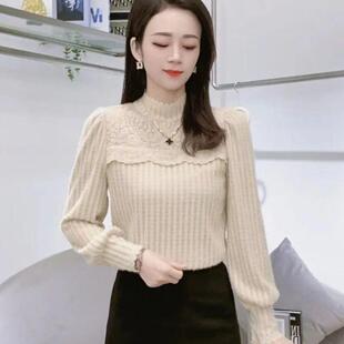 女士保暖上衣百搭针织小衫 女秋冬磨毛蕾丝衫 加绒加厚打底衫 薄款