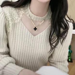 保暖上衣洋气小衫 女士秋冬烫钻百搭长袖 加绒加厚蕾丝打底衫 薄款