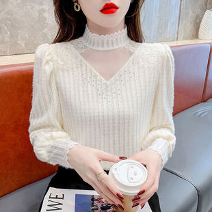 加绒长袖 女2025秋冬烫钻洋气名媛显瘦百搭保暖上衣 高档蕾丝打底衫