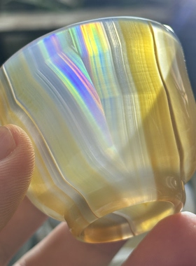 天然巴玉金丝高冰冰透七彩极光炫彩彩虹光虹膜玛瑙茶杯酒杯摆件