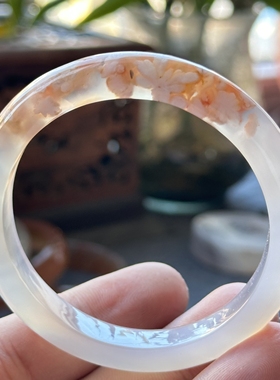 云臻阁天然海洋玉髓马料樱花玛瑙雪白飘粉绽放花朵白云冰透手镯53