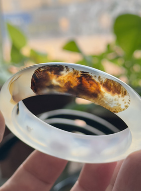 云臻阁天然海洋玉髓草花意境风景山景水墨玛瑙手镯白冰冰透55口径