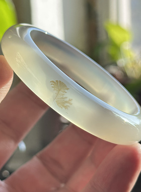 天然海洋玉髓玛瑙手镯高冰飘花马料草花小树叶子景观白冰清新55口