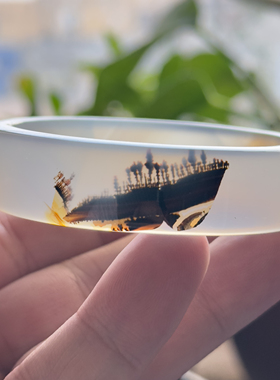 云臻阁天然海洋玉髓草花风景玛瑙手镯水墨山景小树林意境方镯55口