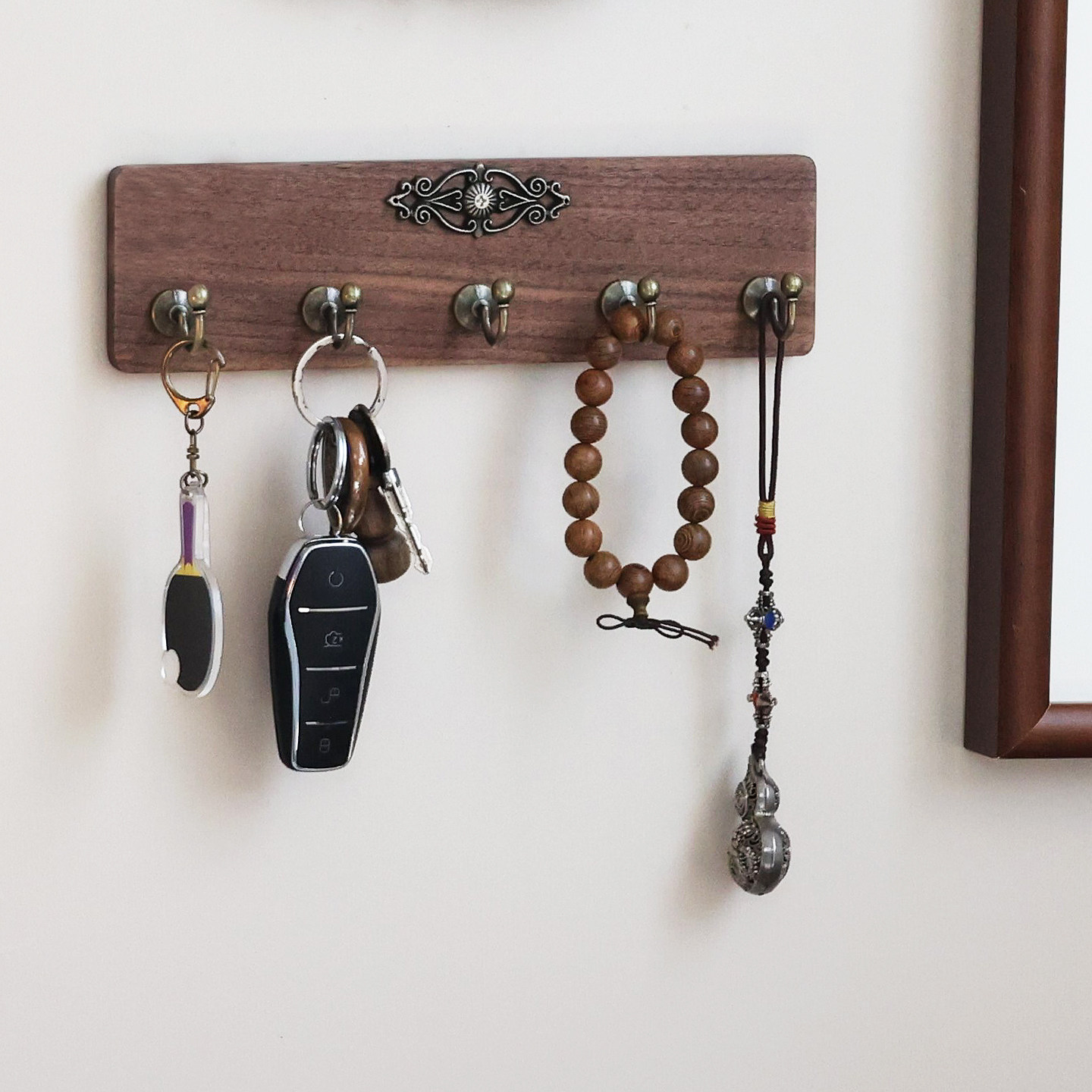 入户门磁吸挂钩钥匙手串收纳挂钩胡桃木实木挂钩长排钩免打孔中古,收纳整理,挂钩/粘钩,淘宝优惠券,粉丝福利购,淘宝优惠卷