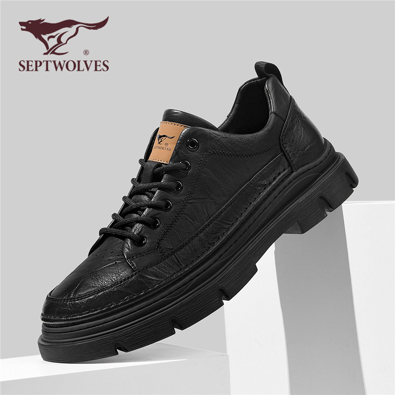 七匹狼百搭工装男鞋夏季新款黑色休闲皮鞋正品厚底商务通勤鞋男款