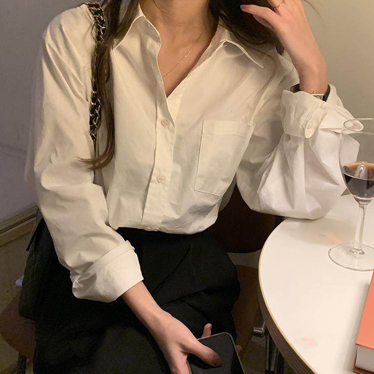 最小的海 蓝色衬衫女设计感小众衬衣春夏韩版宽松慵懒风长袖上衣