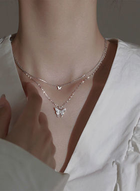 双层蝴蝶项链女锁骨链气质轻奢小众高级设计感夏季饰品钛钢颈链