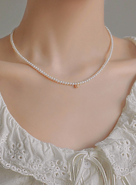 s925纯银钟楚曦同款金豆珍珠项链女法式复古少女感圆珠choker颈链