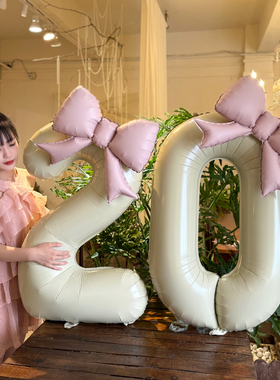 新款ins生日派对奶油氛围感蝴蝶结数字铝膜气球装饰拍照出片道具