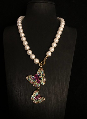 中古风彩色镶钻蝴蝶流苏项链夸张设计个性重工复古琉璃珍珠项链女