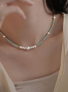 天然巴洛克淡水珍珠绿松石项链女夏百搭不掉色高级感小众锁骨颈链