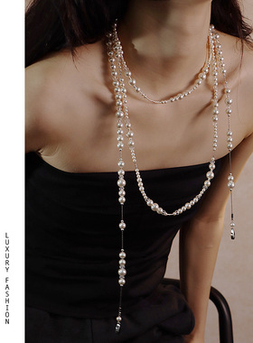 破碎感层次珍珠毛衣链三层不对称项链女法式多层珍珠项链