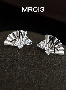 墨竹~原创厚镀真金折扇竹叶耳钉S925银针小众文艺耳环高级感耳饰