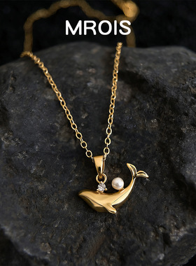 深海鲸鱼~原创镀18k真金小鲸鱼锆石锁骨链时尚通勤风高级感项链女