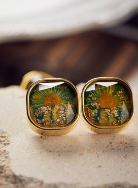 【日落黄昏】金箔向日葵法式复古山茶花小众耳钉蚊香盘耳夹无耳洞