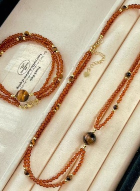 秋冬美拉德新中式复古风天然虎眼石人造芬达石榴石交叉锁骨链