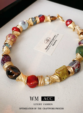 中古vintage气质项链花朵创意设计感陶瓷锁骨链高级感复古项饰女