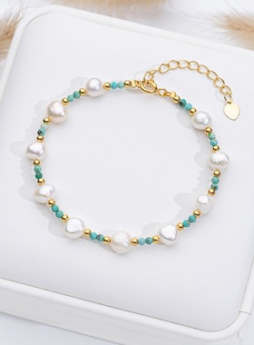 巴洛克淡水珍珠手链女天然石手串青金石松石水晶设计高级感饰品