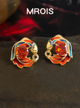 鸿运锦鲤~原创渐变珐琅釉酒红色锆石耳钉复古国风新中式轻奢耳饰