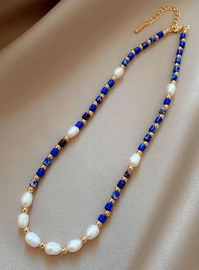 米粒淡水珍珠青金石项链女时尚气质网红天然石设计感小众锁骨链女