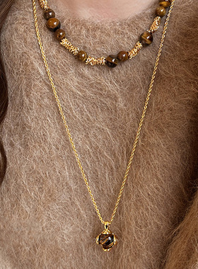 方形虎眼石串珠项链长款吊坠复古美拉德毛衣链秋冬配饰百搭饰品女