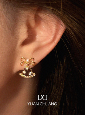 原创厚镀18K真金蝴蝶结锆石耳环镂空小铃铛轻奢小众设计感耳饰女